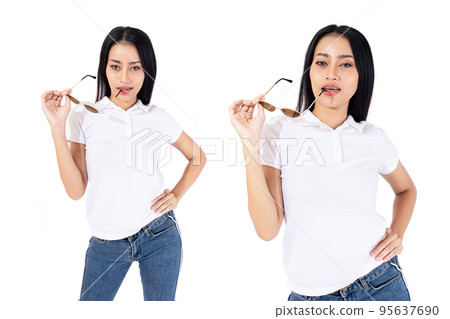 Black haired woman white shirt holding sunglasses charming smiling 95637690