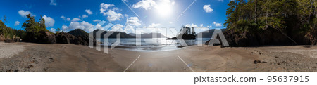 Sandy beach on Pacific Ocean Coast Panoramic View. Sunny Blue Sky. San Josef Bay 95637915