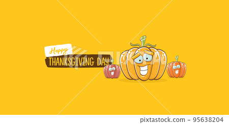 Funny Thanksgiving day horizontal banner with vector funny cartoon cute smiling friends pumpkins isolated on orange background. Thanksgiving day cute banner and label design template with pumpkins 95638204
