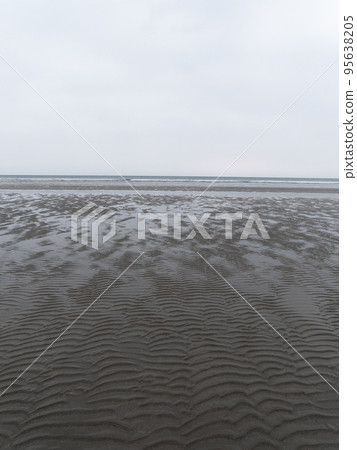 Wet wavy sand on the seashore at low tide on a cloudy day. Gloomy seaside landscape. The harsh nature of the north of Europe. 95638205