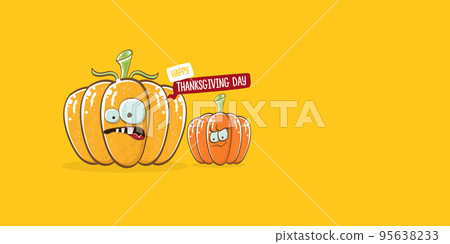 Funny Thanksgiving day horizontal banner with vector funny cartoon cute smiling friends pumpkins isolated on orange background. Thanksgiving day cute banner and label design template with pumpkins 95638233
