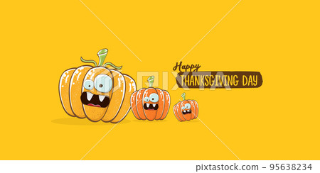 Funny Thanksgiving day horizontal banner with vector funny cartoon cute smiling friends pumpkins isolated on orange background. Thanksgiving day cute banner and label design template with pumpkins 95638234