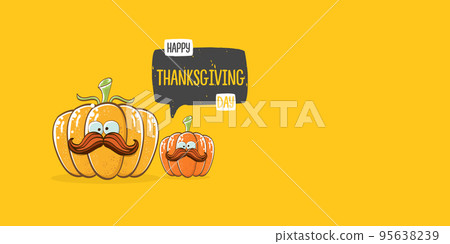 Funny Thanksgiving day horizontal banner with vector funny cartoon cute smiling friends pumpkins isolated on orange background. Thanksgiving day cute banner and label design template with pumpkins 95638239