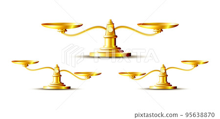 Golden scales. Bowls of scales in balance. Libra icon. Golden scales. Bowls of scales in balance. Libra icon. 95638870