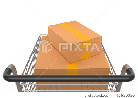Shopping cart or trolley with cardboard boxes on white background. Shopping cart or trolley with cardboard boxes on white background. 95639030