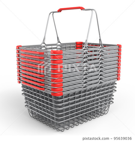 Stavk of metal wire basket from supermarket for online shopping on white. Stavk of metal wire basket from supermarket for online shopping on white. 95639036