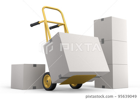 Airport luggage cart or baggage trolley side with cardboard boxes or cartons Airport luggage cart or baggage trolley side with cardboard boxes or cartons 95639049