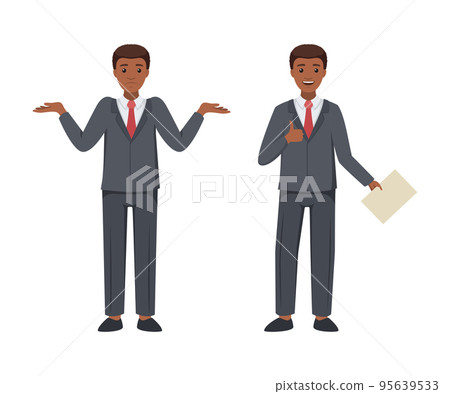Office African American Man Character in Suit and Red Tie in Different Pose and Hand Gesture Vector Set Office African American Man Character in Suit and Red Tie in Different Pose and Hand Gesture Vector Set 95639533