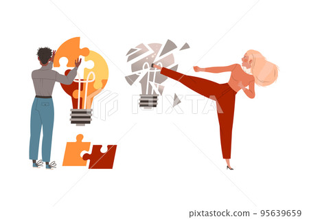 Man and Woman with Light Bulb as Smart Idea and Solution Vector Set 95639659