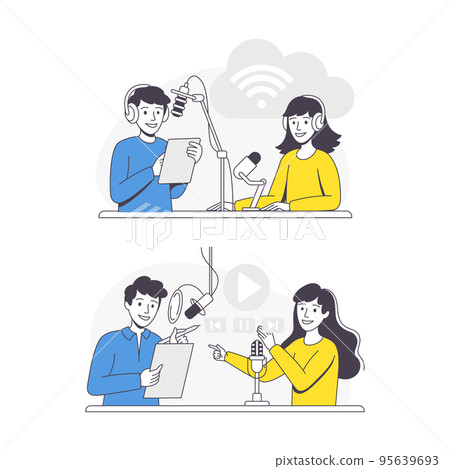 Podcast Recording with Young Man and Woman with Microphone Broadcasting and Live Streaming Outline Vector Set Podcast Recording with Young Man and Woman with Microphone Broadcasting and Live Streaming Outline Vector Set 95639693