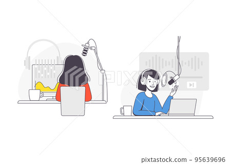 Podcast Recording with Young Woman with Microphone Broadcasting and Live Streaming Outline Vector Set 95639696