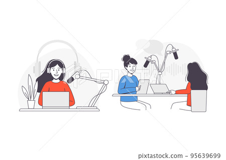 Podcast Recording with Young Woman with Microphone Broadcasting and Live Streaming Outline Vector Set Podcast Recording with Young Woman with Microphone Broadcasting and Live Streaming Outline Vector Set 95639699