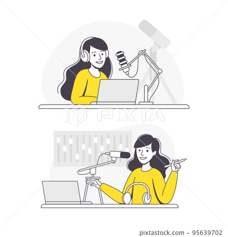 Podcast Recording with Young Woman with Microphone Broadcasting and Live Streaming Outline Vector Set Podcast Recording with Young Woman with Microphone Broadcasting and Live Streaming Outline Vector Set 95639702