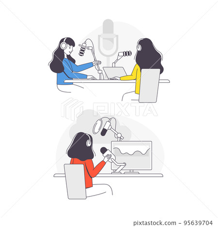 Podcast Recording with Young Woman with Microphone Broadcasting and Live Streaming Outline Vector Set Podcast Recording with Young Woman with Microphone Broadcasting and Live Streaming Outline Vector Set 95639704