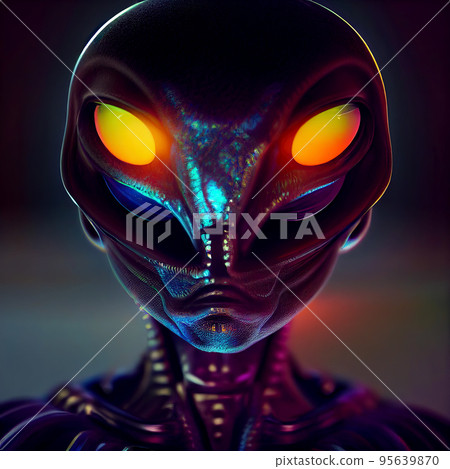 Alien creature with four eyes. An alien creature from an extraterrestrial civilization. 3D Digital illustration. Alien creature with four eyes. An alien creature from an extraterrestrial civilization. 3D Digital illustration. 95639870