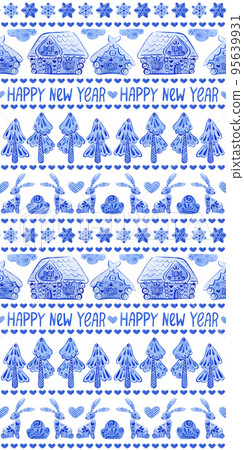 Pattern of stripes with hares, hearts, houses, Christmas trees. 95639931