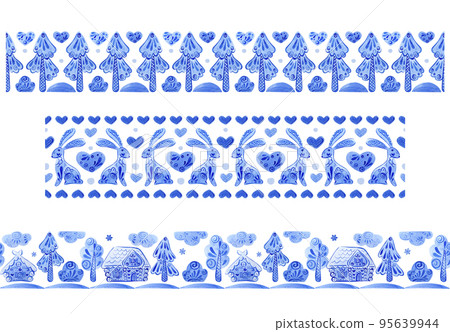New Year's set of stripes with an ornament of rabbits, houses and Christmas trees. New Year's set of stripes with an ornament of rabbits, houses and Christmas trees. 95639944