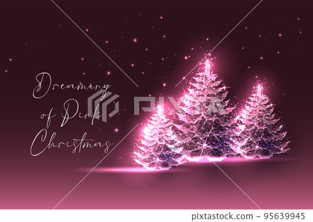 Dreaming of pink Christmas greeting card with modern glowing Christmas spruce trees on burgundy Dreaming of pink Christmas greeting card with modern glowing Christmas spruce trees on burgundy 95639945