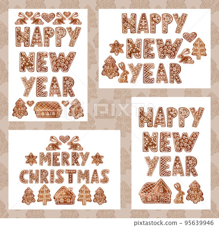 A set of watercolor cards with gingerbread in a fairy tale style.  95639946