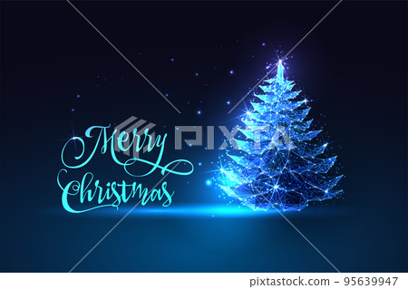 Merry Christmas greeting card with Glowing spruce tree in futuristic glowing polygonal style on blue 95639947