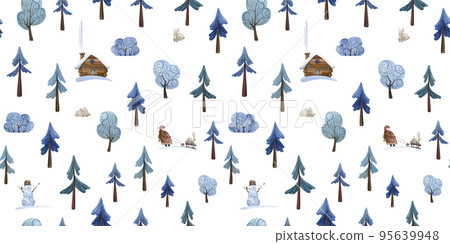 Seamless pattern of houses, trees, hares and walking children. 95639948