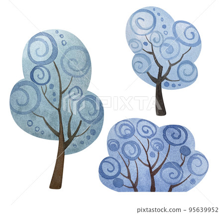 Set of fabulous stylized trees. Painted in watercolor.  95639952