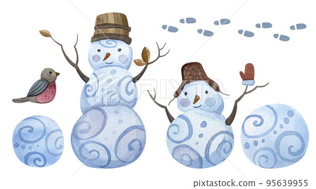 Watercolor set of snowmen in folklore style. Watercolor set of snowmen in folklore style. 95639955