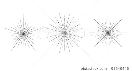 Dotted grain star with beams set. Black stippled ray sparkle and flare collection. Various noise textured asterisks. Different halftone dot work stellar forms and burst explosion. Vector sparks.  95640446
