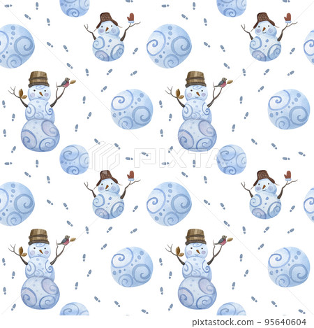 Seamless pattern of snowmen, snow globes and footprints in the snow. Seamless pattern of snowmen, snow globes and footprints in the snow. 95640604