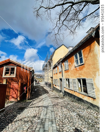 View of a farmhouse in the skansen museum in Stockholm. View of a farmhouse in the skansen museum in Stockholm. 95641035