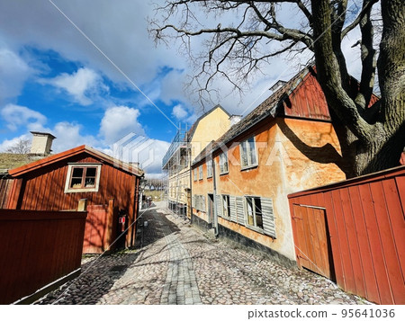 View of a farmhouse in the skansen museum in Stockholm. 95641036