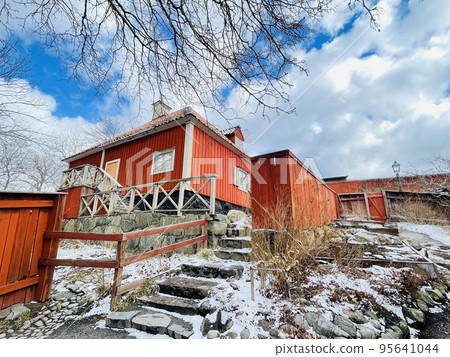 View of a farmhouse in the skansen museum in Stockholm. 95641044
