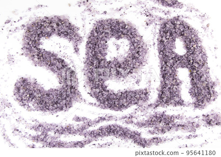 the word " sea " is written on a white background with aromatic sea salt for baths, lilac color, lavender flavor 95641180