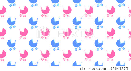 Baby prams seamless pattern. Pink and blue stroller background for scrapbooking or wrapping paper, bedcloth fabric design. Vector flat illustration Baby prams seamless pattern. Pink and blue stroller background for scrapbooking or wrapping paper, bedcloth fabric design. Vector flat illustration 95641275