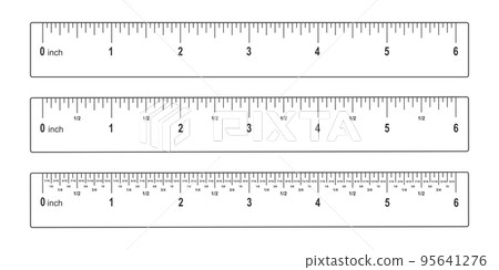 Set of 6 inches rulers with markup, numbers and fractions. Math or geometric tools for distance, height or length measuring 95641276