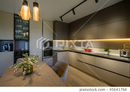 Large modern grey luxurious kitchen and dining room in studio apartment 95641766