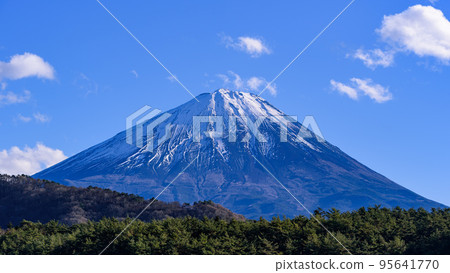 從西湖看到的被雪覆蓋的富士山，深秋的景象 95641770