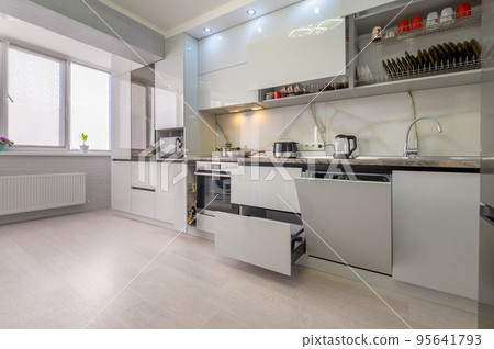 Interior of modern trendy white kitchen Interior of modern trendy white kitchen 95641793