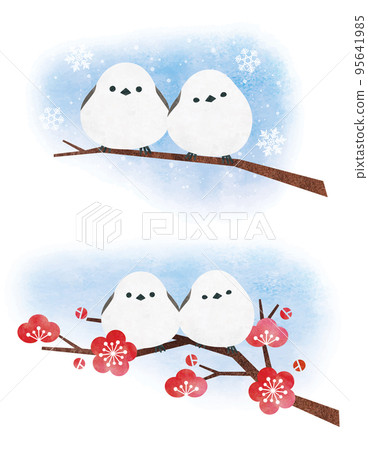 Watercolor long-tailed tit and plum tree and snow 95641985