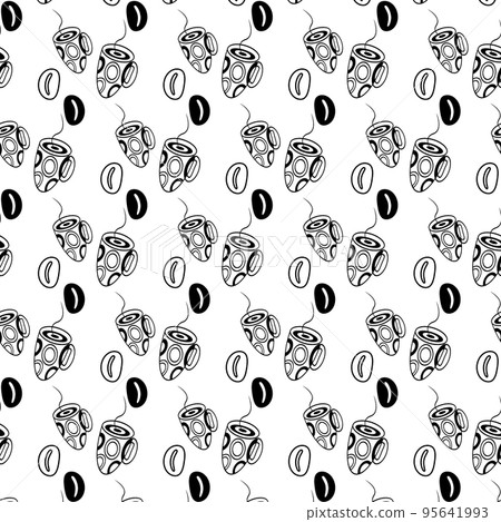 Endless black and white pattern with coffee beans and abstract stylized cup. Backdrop. Isolate. EPS 95641993