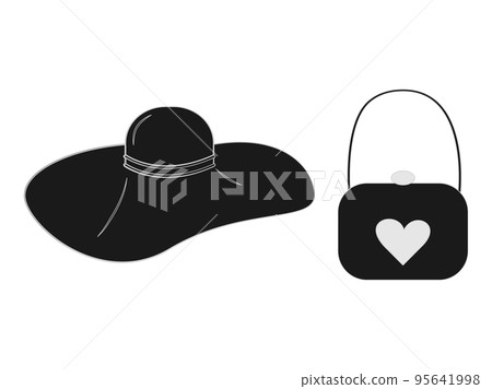 Stylized women Wide-brimmed hat and handbag with heart in trendy black and gray shades. Isolate. EPS Stylized women Wide-brimmed hat and handbag with heart in trendy black and gray shades. Isolate. EPS 95641998
