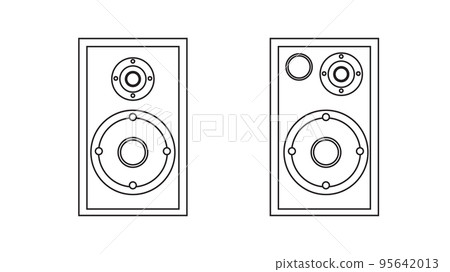 Large audio music loudspeakers with speakers for playing retro music from the 70s, 80s, 90s. Black and white icon. Vector illustration. 95642013