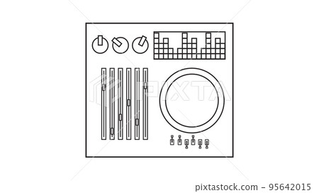Old retro vintage audio music equipment vinyl dj board with sliders and cranks and buttons from the 70s, 80s, 90s. Black and white icon. Vector illustration Old retro vintage audio music equipment vinyl dj board with sliders and cranks and buttons from the 70s, 80s, 90s. Black and white icon. Vector illustration 95642015