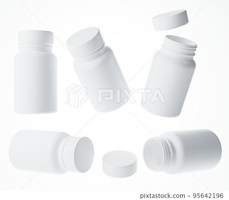 Medical white plastic jar with cap 3D render, commercial product mock-up, several views pharmacy container realistic template, vitamin bottle Medical white plastic jar with cap 3D render, commercial product mock-up, several views pharmacy container realistic template, vitamin bottle 95642196