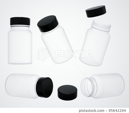 Medical transparent plastic jar with black cap 3D render, commercial product mock-up, several views pharmacy container realistic template, vitamin bottle Medical transparent plastic jar with black cap 3D render, commercial product mock-up, several views pharmacy container realistic template, vitamin bottle 95642204