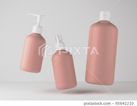 Three different brown plastic bottles for hair and body care products 3D render, set of floating cosmetic containers on gray studio background, packaging mockup Three different brown plastic bottles for hair and body care products 3D render, set of floating cosmetic containers on gray studio background, packaging mockup 95642210