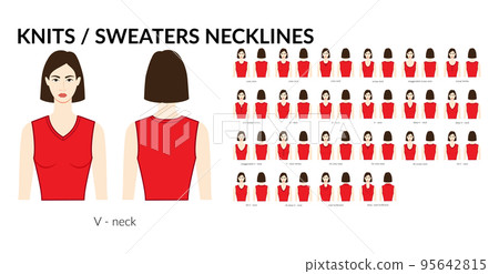 Set of necklines knits and sweaters clothes - collars, tops, blouses, dresses crew neck technical fashion illustration Set of necklines knits and sweaters clothes - collars, tops, blouses, dresses crew neck technical fashion illustration 95642815