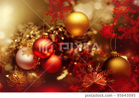 Christmas composition. Christmas red decorations, fir tree branches on red background. Flat lay, top view, copy space Christmas composition. Christmas red decorations, fir tree branches on red background. Flat lay, top view, copy space 95643095
