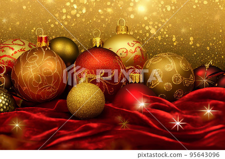 Christmas composition. Christmas red decorations, fir tree branches on red background. Flat lay, top view, copy space Christmas composition. Christmas red decorations, fir tree branches on red background. Flat lay, top view, copy space 95643096