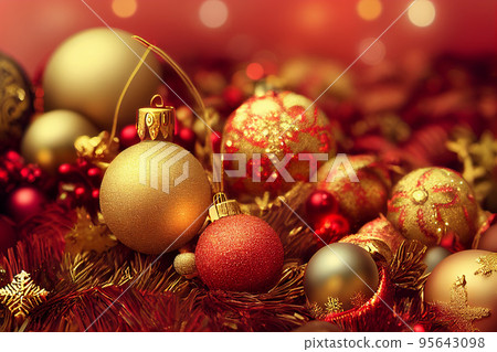 Christmas composition. Christmas red decorations, fir tree branches on red background. Flat lay, top view, copy space 95643098